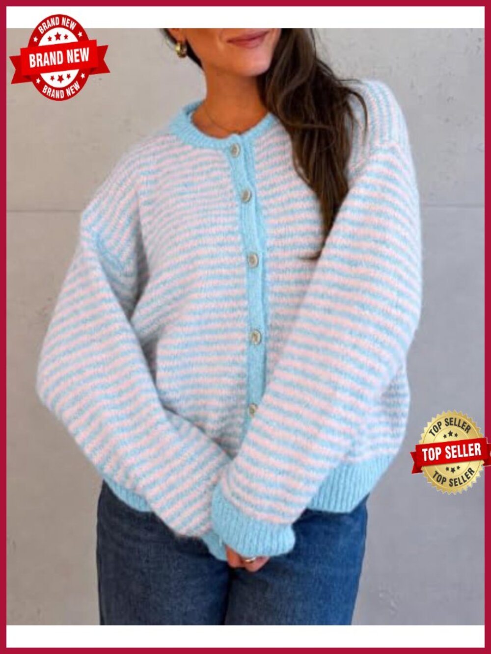 Women's Oversized Striped Cardigan Long Sleeve Button Up Knit Sweater - Picture 2 of 6